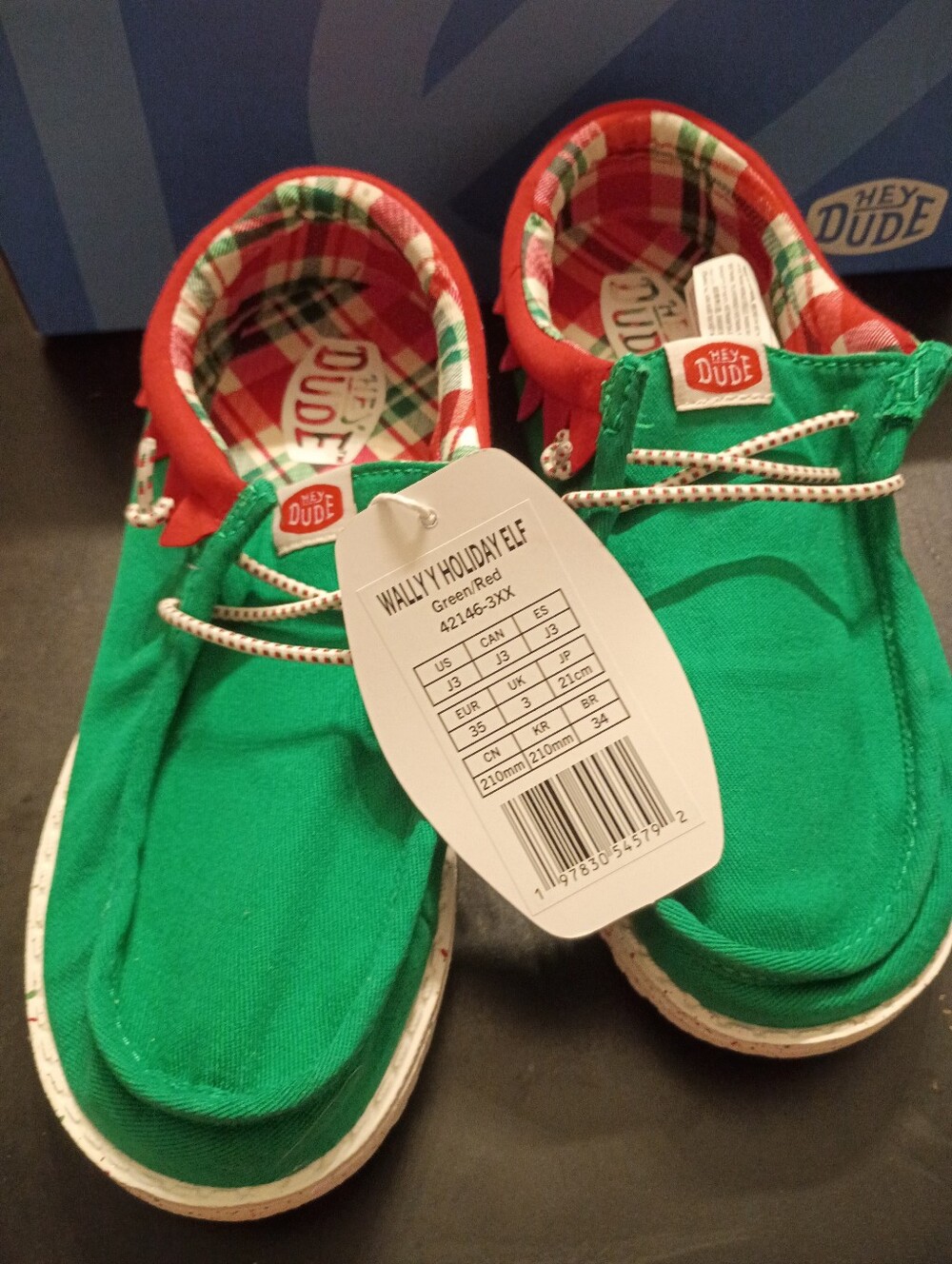 Hey Dude Kids' Wally Holiday Elf Shoes Green/Red Size 3J New With Tags